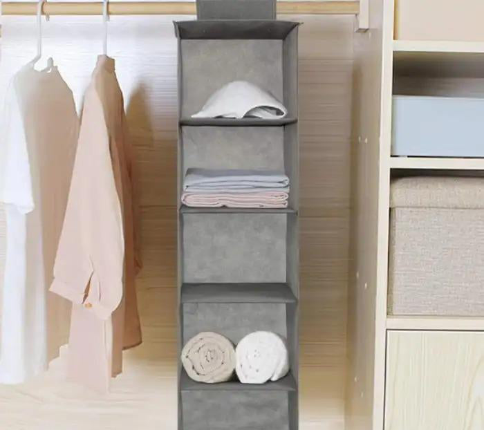 5-Shelf Hanging Closet Organizer – Grey Wardrobe Storage Hanger for Clothes, Towels & Accessories