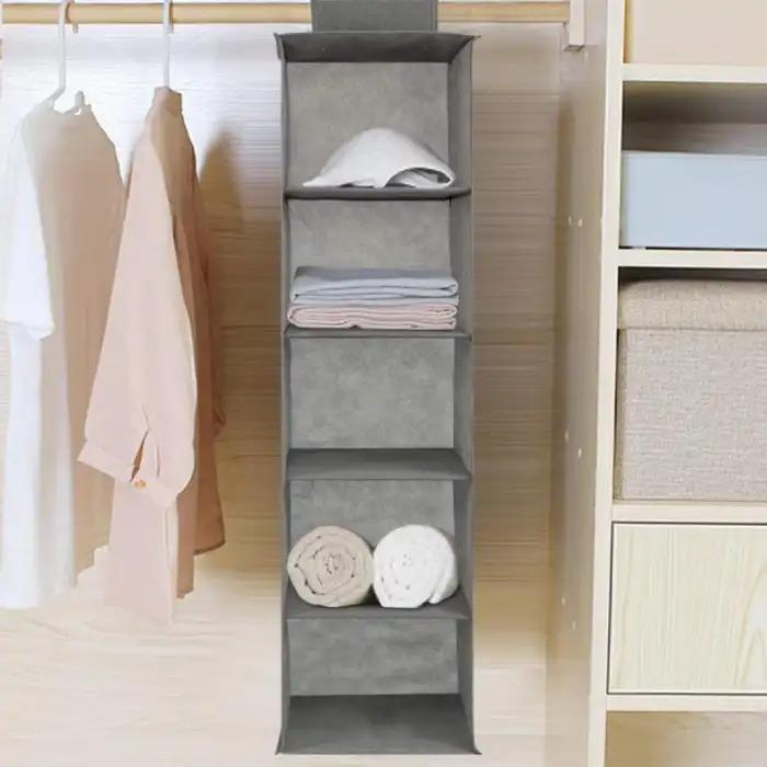 5-Shelf Hanging Closet Organizer – Grey Wardrobe Storage Hanger for Clothes, Towels & Accessories